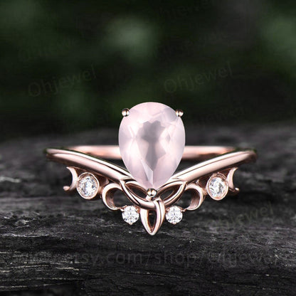 Pear shaped rose quartz ring rose gold unique engagement ring diamond women Personalized alternative moon vintage Norse Viking ring Jewelry