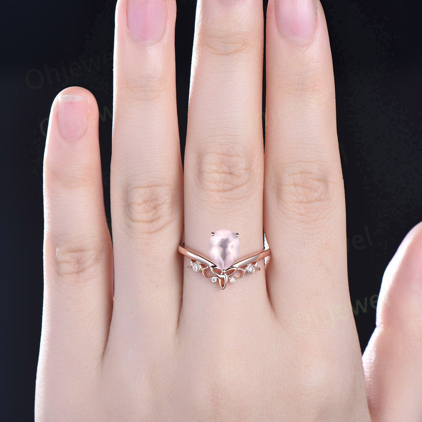 Pear shaped rose quartz ring rose gold unique engagement ring diamond women Personalized alternative moon vintage Norse Viking ring Jewelry