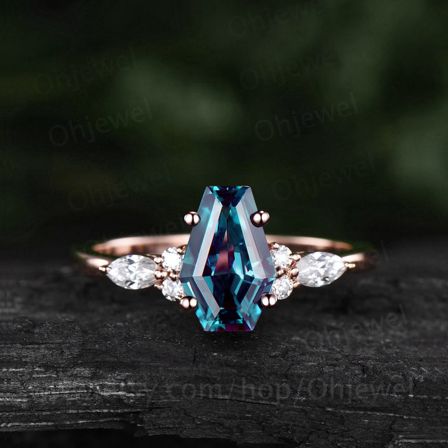 Coffin shaped Alexandrite ring unique engagement ring 14k rose gold silver marquise cut diamond ring anniversary wedding promise ring women