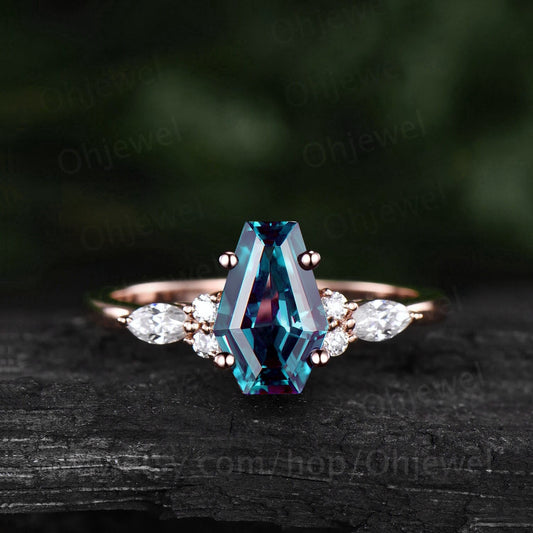 Coffin shaped Alexandrite ring unique engagement ring 14k rose gold silver marquise cut diamond ring anniversary wedding promise ring women