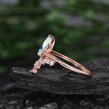 Aquamarine ring vintage pear shaped Aquamarine engagement ring 14k rose gold silver art deco cluster diamond promise wedding ring women gift