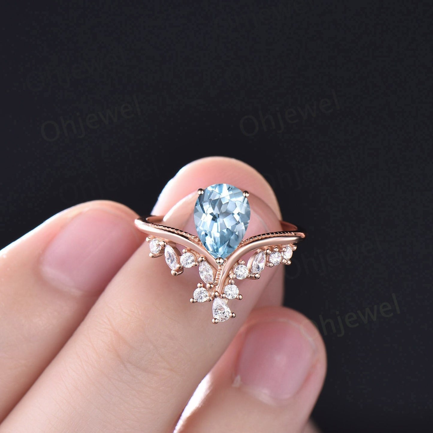 Aquamarine ring vintage pear shaped Aquamarine engagement ring 14k rose gold silver art deco cluster diamond promise wedding ring women gift