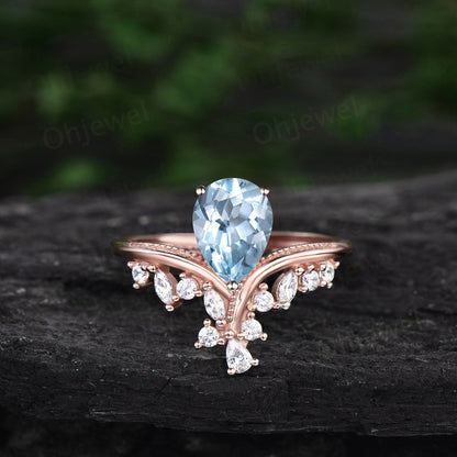 Aquamarine ring vintage pear shaped Aquamarine engagement ring 14k rose gold silver art deco cluster diamond promise wedding ring women gift