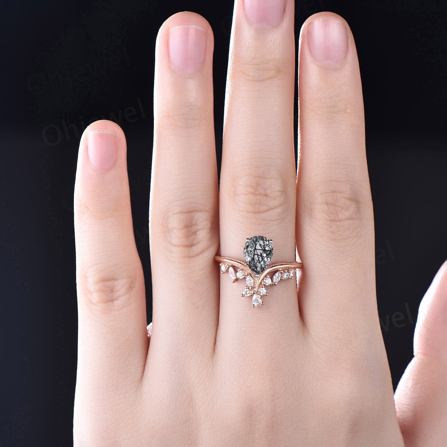 vintage pear shaped black rutilated quartz ring cluster unique engagement ring 14k rose gold diamond ring women promise anniversary ring