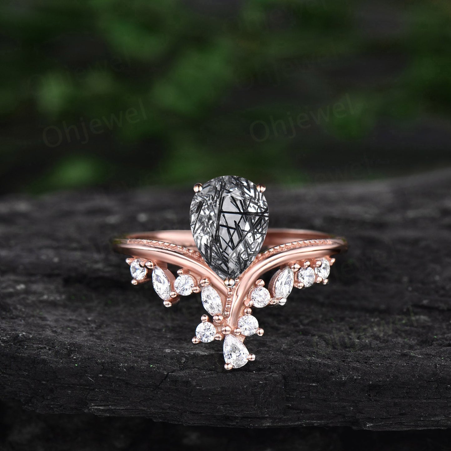vintage pear shaped black rutilated quartz ring cluster unique engagement ring 14k rose gold diamond ring women promise anniversary ring