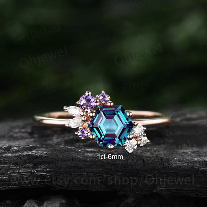 2ct Hexagon cut Alexandrite engagement ring 14k rose gold cluster diamond ring vintage amethyst ring women 6 prong unique wedding ring gifts