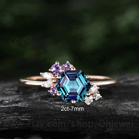 2ct Hexagon cut Alexandrite engagement ring 14k rose gold cluster diamond ring vintage amethyst ring women 6 prong unique wedding ring gifts