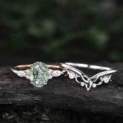 Unique wedding ring set oval cut green Rutilated Quartz engagement ring set women marquise diamond ring 14k rose gold promise ring gifts