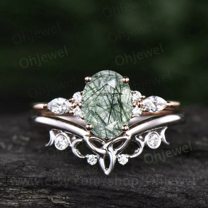 Unique wedding ring set oval cut green Rutilated Quartz engagement ring set women marquise diamond ring 14k rose gold promise ring gifts