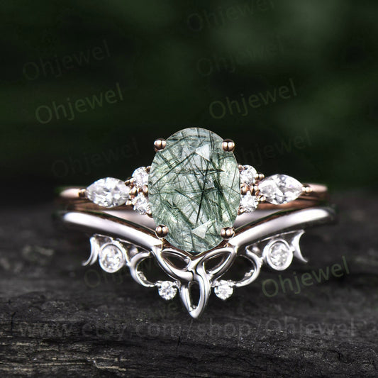Unique wedding ring set oval cut green Rutilated Quartz engagement ring set women marquise diamond ring 14k rose gold promise ring gifts