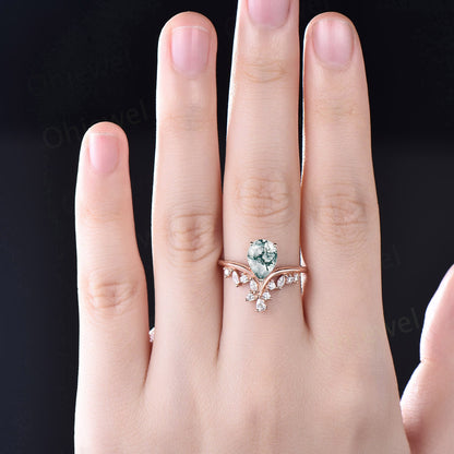 Moss agate ring vintage pear shaped moss agate engagement ring 14k rose gold silver art deco cluster diamond promise wedding ring women gift