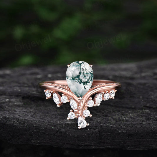 Moss agate ring vintage pear shaped moss agate engagement ring 14k rose gold silver art deco cluster diamond promise wedding ring women gift