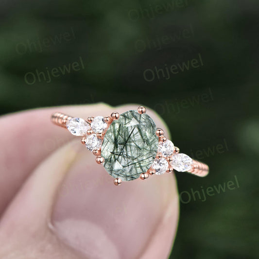 Vintage oval cut green rutilated quartz ring engagement ring art deco moissanite ring women solid 14k rose gold wedding promise ring gift