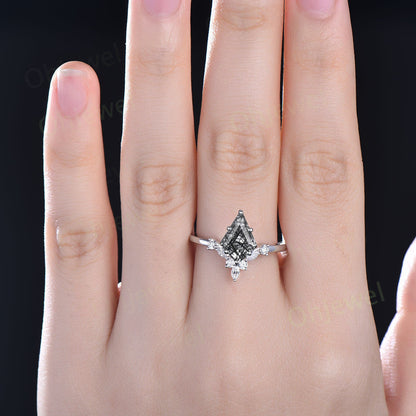 6 prong kite cut black rutilated quartz ring unique engagement ring 14k rose gold art deco diamond wedding promise anniversary ring women