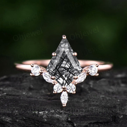 6 prong kite cut black rutilated quartz ring unique engagement ring 14k rose gold art deco diamond wedding promise anniversary ring women