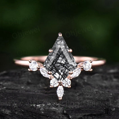 6 prong kite cut black rutilated quartz ring unique engagement ring 14k rose gold art deco diamond wedding promise anniversary ring women