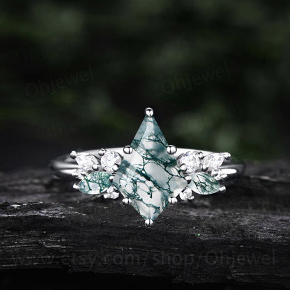 Kite cut moss agate ring gold silver vintage unique engagement ring cluster diamond ring marquise cut moss agate ring wedding ring for women