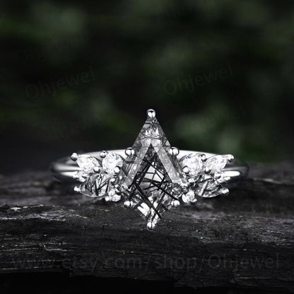 Marquise Kite cut black rutilated quartz ring vintage unique engagement ring for women solid 14k rose gold diamond promise anniversary ring