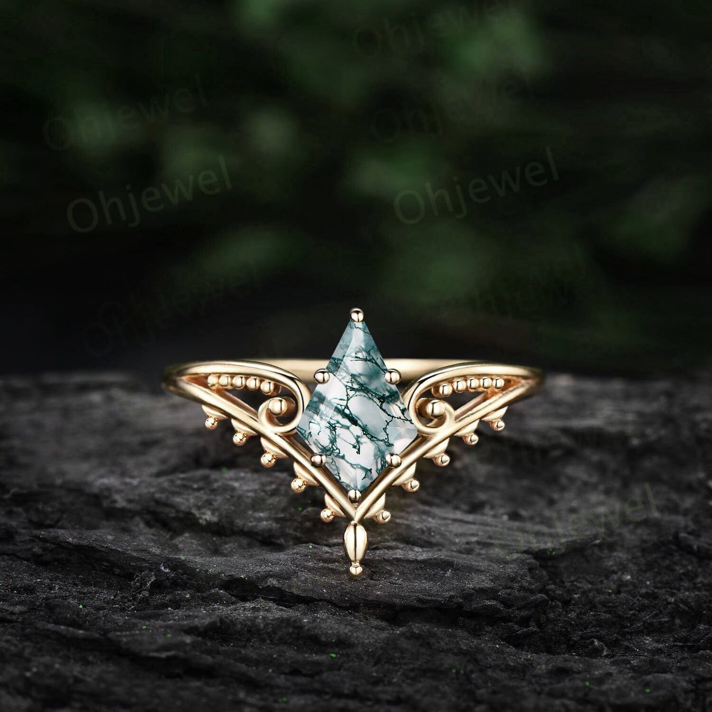 Vintage style kite cut green moss agate engagement ring 14k rose gold unique split shank Solitaire engagement ring women promise ring her