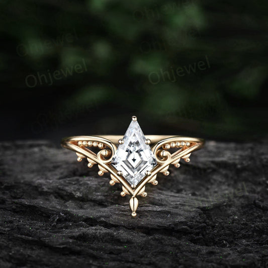 Vintage style kite cut moissanite engagement ring 14k yellow gold unique split shank Solitaire engagement ring for women promise ring her