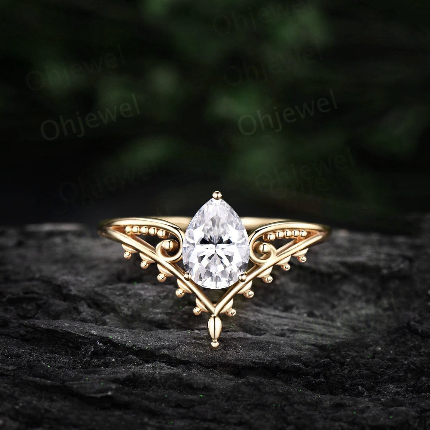 Vintage style pear shaped moissanite engagement ring 14k yellow gold unique split shank Solitaire engagement ring wedding ring for women