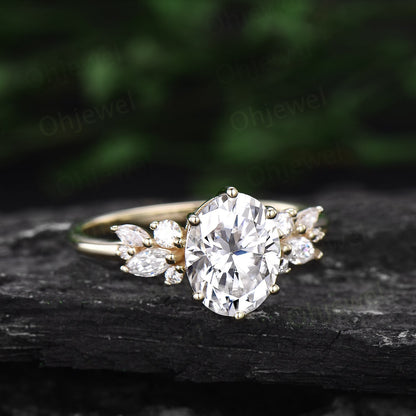 Vintage 2ct oval moissanite engagement ring yellow gold unique marquise cluster engagement ring women diamond ring set promise ring set her
