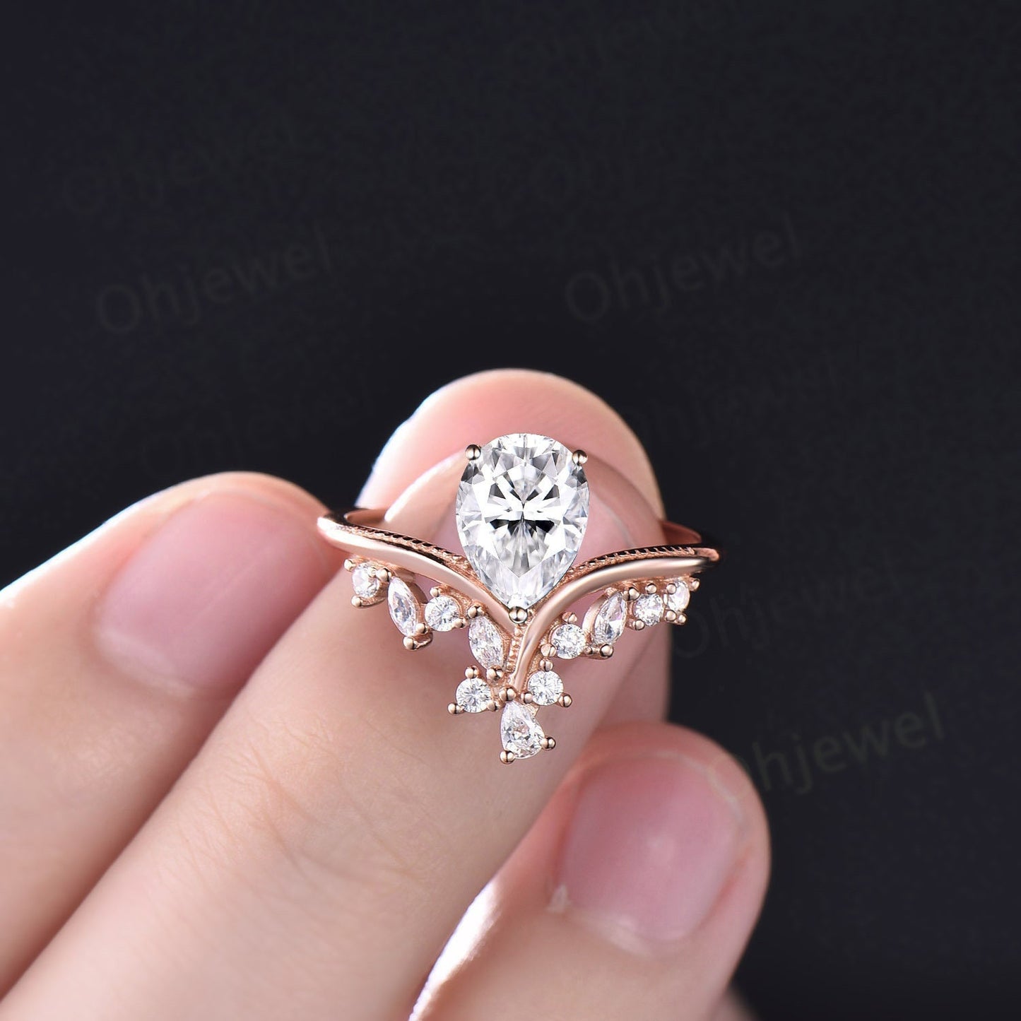 Vintage style pear shaped moissanite engagement ring solid 14k rose gold cluster marquise cut diamond ring women unique wedding promise ring