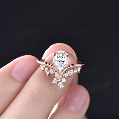 Vintage style pear shaped moissanite engagement ring solid 14k rose gold cluster marquise cut diamond ring women unique wedding promise ring
