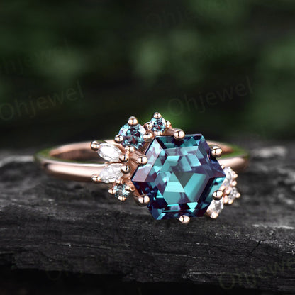 Vintage 2ct Hexagon cut Alexandrite engagement ring 14k rose gold art deco unique cluster engagement ring marquise cut diamond ring women