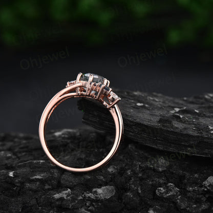 Hexagon cut moss agate engagement ring 14k rose gold silver cluster alexandrite ring 6 prong split shank diamond promise wedding ring women