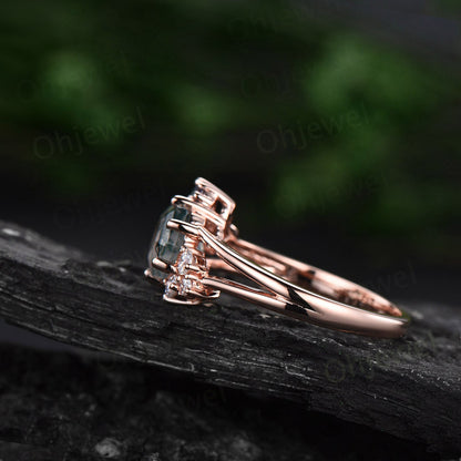7mm Hexagon cut blue sandstone goldstone engagement ring rose gold silver cluster alexandrite ring split shank diamond wedding ring women