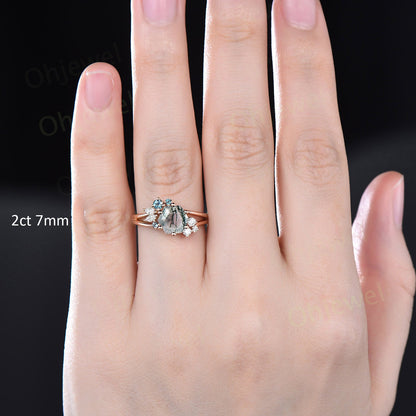 2ct Hexagon cut moss agate engagement ring 14k rose gold cluster alexandrite ring 6 prong split shank diamond promise wedding ring women