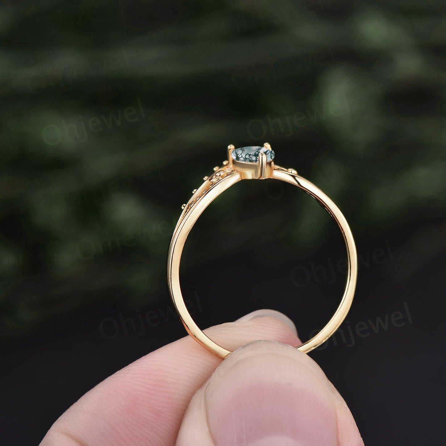 Vintage style pear shaped green moss agate ring unique split shank Solitaire engagement ring for women 14k yellow gold art deco promise ring