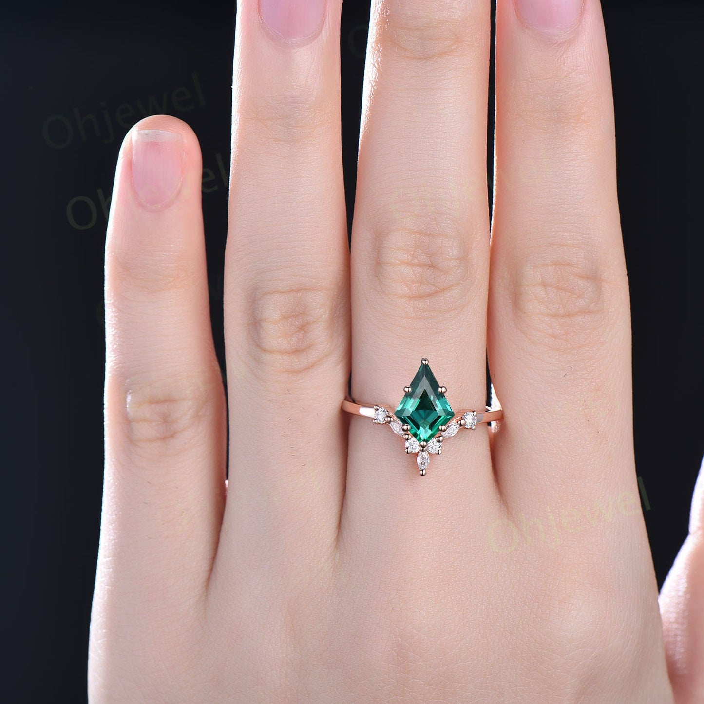 7x10mm kite cut green emerald engagement ring rose gold 6 prong unique diamond anniversary promise wedding ring women May birthstoner ring