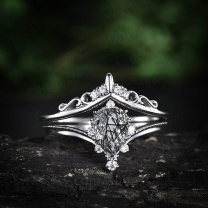 Black rutilated quartz engagement ring set pear rutilated quartz ring Milgrain vintage unique white gold moissanite ring Anniversary gifts