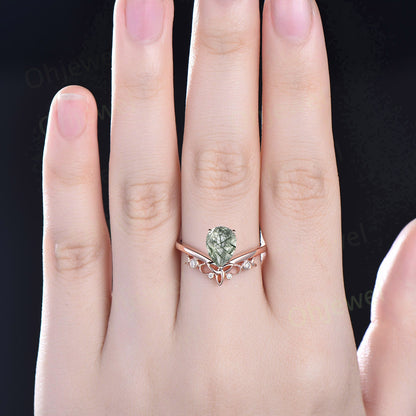 Pear shaped green Rutilated Quartz ring unique engagement ring fiver stone norse viking ring jewelry rose gold silver diamond ring women