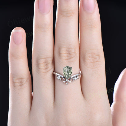 Pear shaped green Rutilated Quartz ring unique engagement ring fiver stone norse viking ring jewelry rose gold silver diamond ring women
