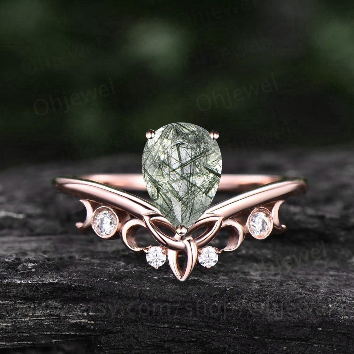 Pear shaped green Rutilated Quartz ring unique engagement ring fiver stone norse viking ring jewelry rose gold silver diamond ring women