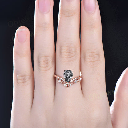 Pear shaped black Rutilated Quartz ring unique engagement ring fiver stone norse viking ring jewelry rose gold silver diamond ring women