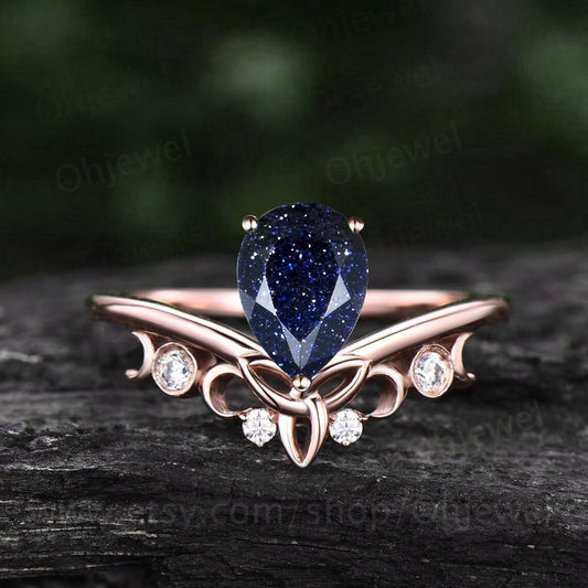 Pear shaped blue sandstone ring blue goldstone ring unique engagement ring 14k rose gold sterling silver anniversary ring women gifts
