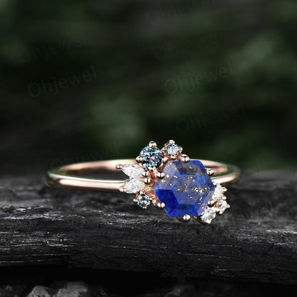 Hexagon cut Lapis Lazuli ring gold silver for women vintage unique cluster Lapis Lazuli engagement ring art deco moissanite wedding ring