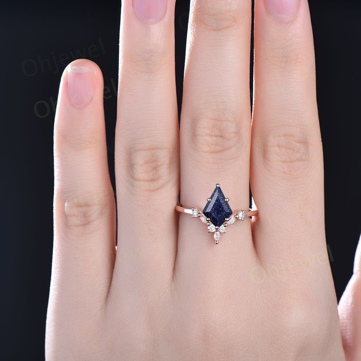 6 prong kite cut blue sandstone ring goldstone ring engagement ring 14k white gold silver art deco moissanite ring women promise anniversary
