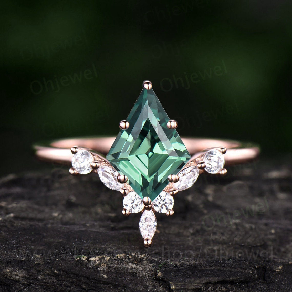 7x10mm kite cut teal green sapphire engagement ring 14k rose gold 6 prong marquise cut diamond ring women wedding promise anniversary ring