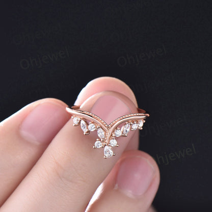 Unique pear marquise diamond wedding band 14k rose gold silver Milgrain curved cluster moissanite wedding ring band stacking matching ring