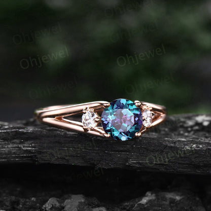 Round cut Alexandrite ring three stone split shank engagement ring vintage moissanite ring 14k rose gold silver June birthstone promise ring