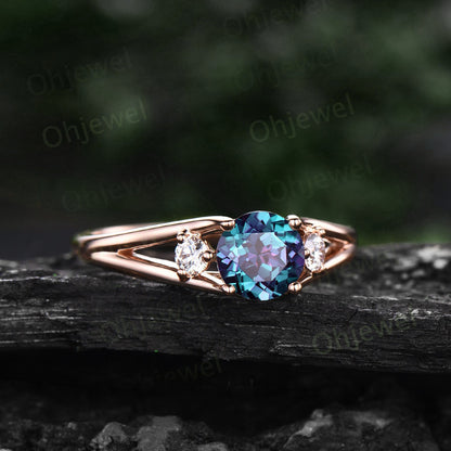 2ct Round cut Alexandrite ring three stone split shank engagement ring vintage moissanite ring rose gold silver June birthstone promise ring