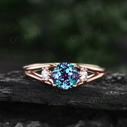 Round cut Alexandrite ring three stone split shank engagement ring vintage moissanite ring 14k rose gold silver June birthstone promise ring