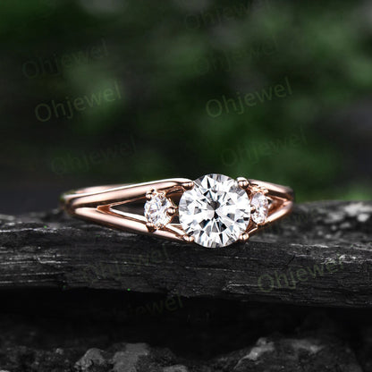 2ct Round cut moissanite ring three stone split shank engagement ring vintage 14k yellow gold silver unique promise wedding ring for women