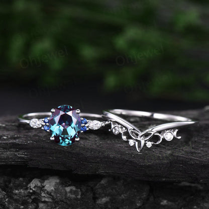 2ct oval cut Alexandrite engagement ring set 14k white gold silver natural sappire ring marquise cut moissanite ring women bridal sets gifts