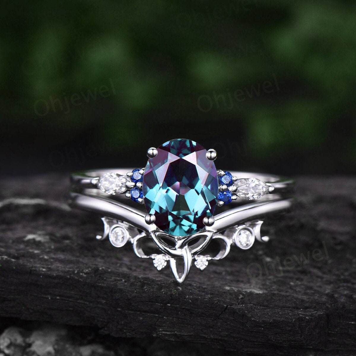 2ct oval cut Alexandrite engagement ring set 14k white gold silver natural sappire ring marquise cut moissanite ring women bridal sets gifts